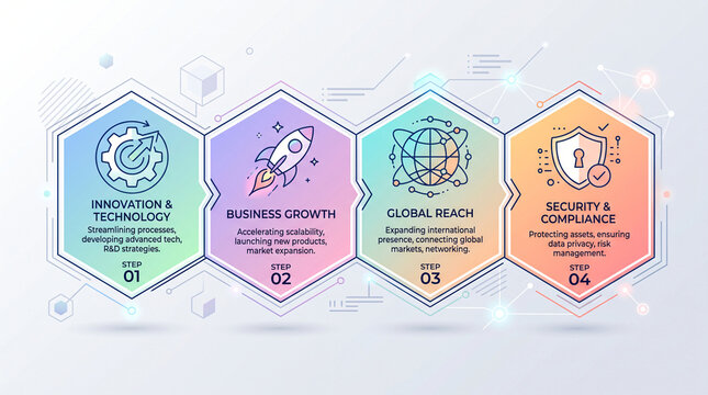 Horizontal four step business infographic timeline for financing services, working capital strategy, growth progression, and global reach security options