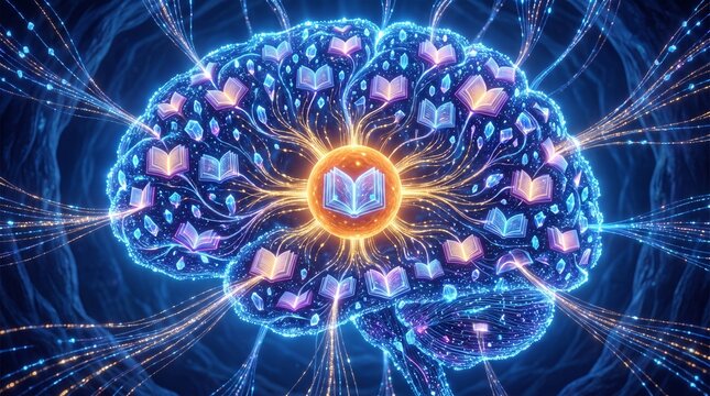 Human brain shaped neural network with glowing books representing knowledge and data storage.