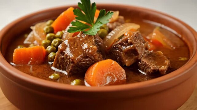 Close-up of Traditional Hearty Beef Stew with Chunks of Meat, Carrots, and Peas Served in a Rustic Earthenware Bowl, Garnished with Fresh Parsley