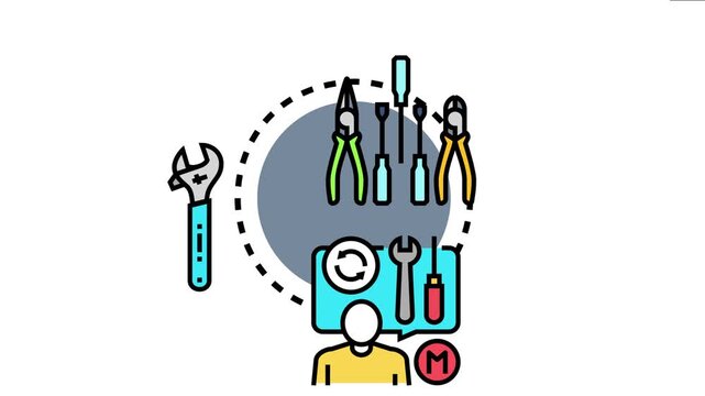 Person choosing multiple tools and services, including wrenches, screwdrivers, and pliers, representing selection and customization for maintenance or technical support