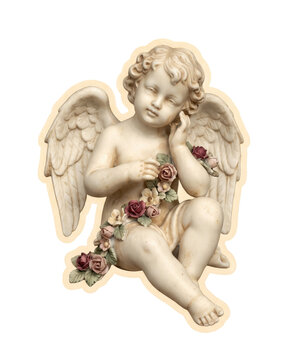 Vintage cherub angel statue with rose garland and wings antique romantic floral decor for scrapbooking and junk journal