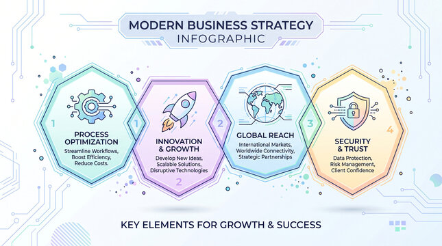 Modern business strategy infographic banner template with four options for process optimization, innovation, global reach, and security in finance advisory services