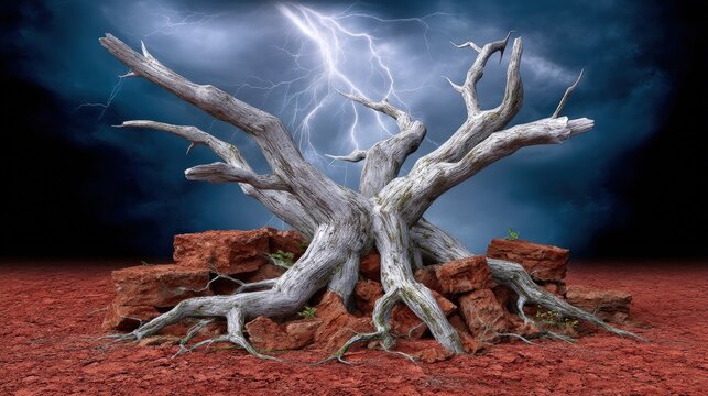 Gnarled skeletal tree in a desolate rocky landscape with dramatic lightning