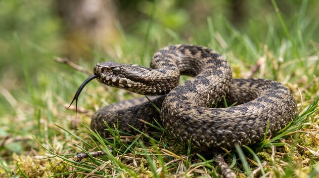A viper curves and shows tongue isolated on grass background cut out 8k realistic portrait 8k 16:9