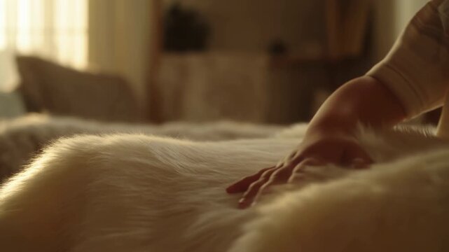 Hand gently strokes fluffy white fur of resting pet on soft bed surface in warm indoor room while close view captures calm tactile interaction and cozy home environment with natural light