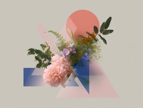 Flat geometric floral composition with soft peony and foliage elements for banner background and poster design