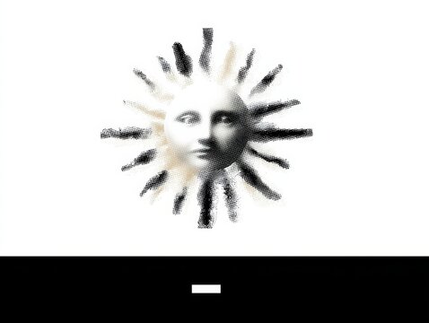Minimal black and white sun face with halftone rays for graphic poster background and bold editorial design