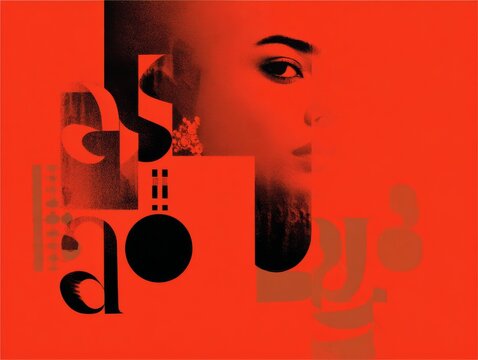 Red abstract portrait collage with geometric shapes and female face for poster background and gallery design