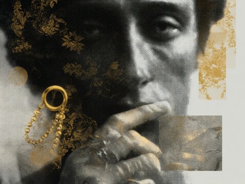 Vintage woodcut portrait collage of a thoughtful man with gold ornament and textured halftone for poster design
