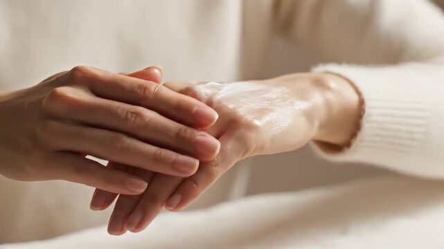 Close-up of a woman applying moisturizing hand cream. Female hands rubbing white lotion into the skin for hydration. Skincare and beauty routine concept