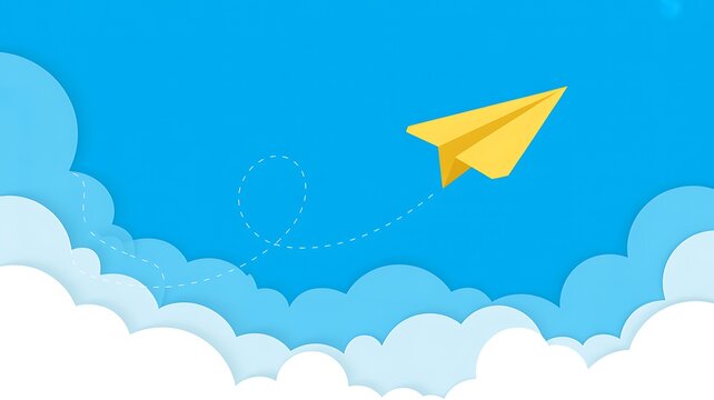 A Minimalist Digital Illustration Featuring a Paper Plane Soaring Through Fluffy Clouds in a Bright Blue Sky