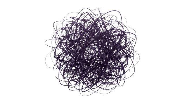 Dark purple messy scribble tangle representing chaos and confusion on white background