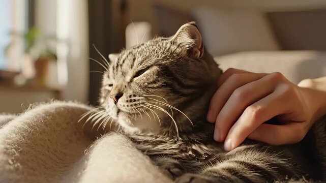Hand gently stroking a resting tabby cat on a soft blanket. Petting a domestic feline in warm sunlight. Animal care and companionship concept