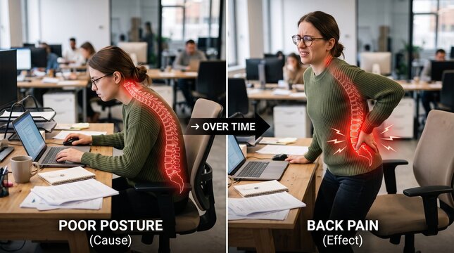 Professional workspace poor posture leading to chronic back pain over time with illustrates progression incorrect stress office environment working resulting severe