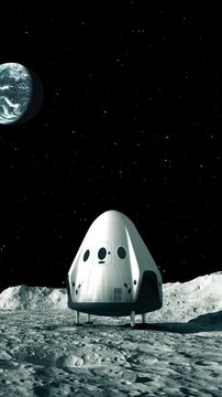 3D animation of a lunar lander resting on the Moon&rsquo;s cratered surface, with Earth visible in space, depicting futuristic lunar exploration and private space travel.