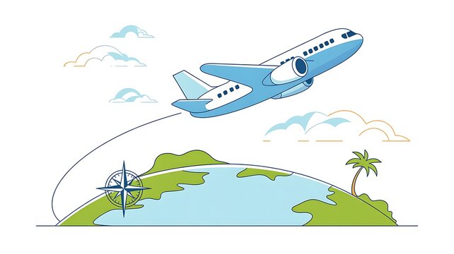 A minimalist illustration of an airplane flying over the globe representing global travel and international aviation adventure