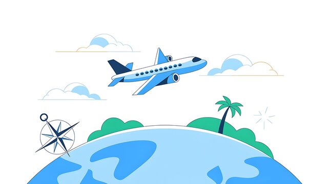 A minimalist flat vector illustration of an airplane flying around the globe for travel and global tourism concepts