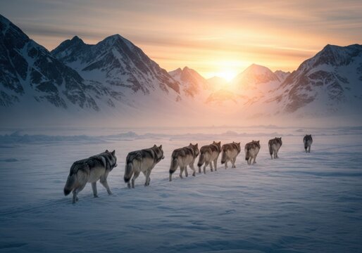 A wolf pack moving together across a snowy landscape with mountains and sunset