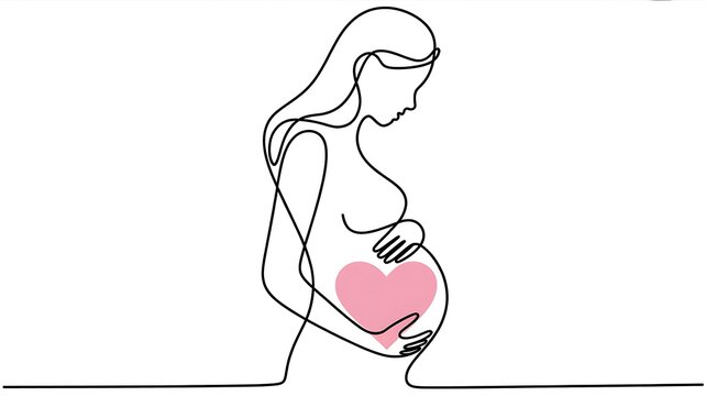 A Minimalist Line Art Illustration of a Pregnant Woman Embracing Her Baby Bump with a Soft Pink Heart