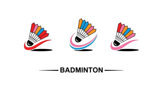A minimalist logo design featuring a white badminton shuttlecock with colorful feathers and dynamic motion swoosh graphic elements