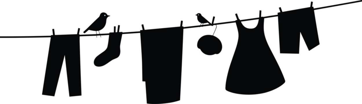 Black silhouette of various clothing and a small bird perched on a clothesline, isolated on a white background, laundry concept