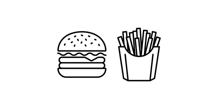 Simple line art icons of burger and french fries for fast food restaurant menu design or snack bar branding on transparent background.