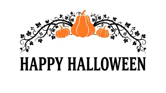 This captivating halloween typography design features a festive 'happy halloween' message beautifully adorned with charming pumpkin illustrations and intricate dark branch like elements creating a