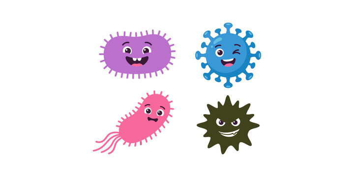 Set of colorful cartoon bacteria and virus characters featuring friendly faces and expressive emotions for science hygiene education.