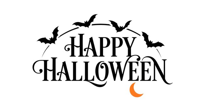 This captivating image showcases beautifully designed halloween typography featuring the words 'happy halloween' in an elegant and spooky font complemented by charming illustrations of bats