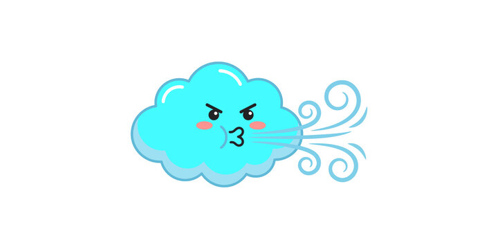 Blue cloud cartoon character with angry expression blowing strong wind streams for weather graphics and childish designs.