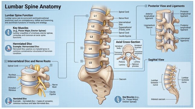 Detailed medical illustration of lumbar spine anatomy with vertebrae discs ligaments with key muscles multiple perspectives with presents comprehensive medical