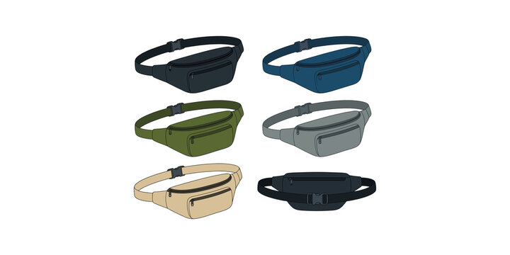Set of six colorful fanny packs in various colors including black, blue, green, grey, beige, and dark blue.