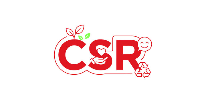 Corporate social responsibility logotype design with red lettering heart icon leaf sprout and recycling symbol for ethical business.