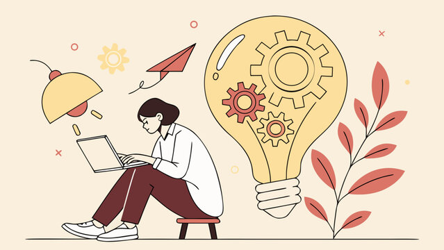 Creative thinking concept with man using laptop beside glowing light bulb, gears, paper plane and decorative leaves representing ideas and innovation