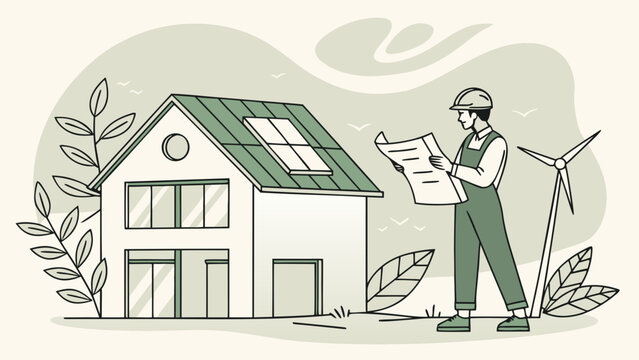 Sustainable home concept with man reviewing documents beside eco house, solar panels, wind turbine and green plants representing renewable energy
