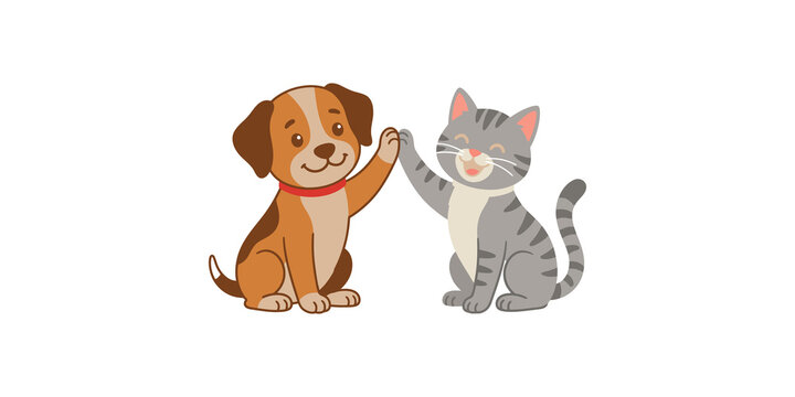 Cartoon dog and cat give high five sitting together on grey background celebrating friendship between different species in playful style.