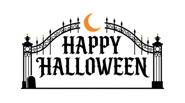 This captivating halloween typography design features the words 'happy halloween' in a bold ornate font set against a spooky backdrop of a wrought iron gate