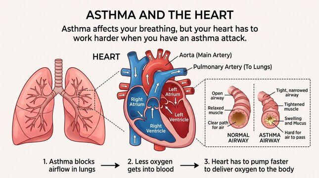 Medical diagram showing asthma impact on heart and airway function during respiratory attacks with reducing oxygen intake forcing heart work harder circulate oxygen throughout body
