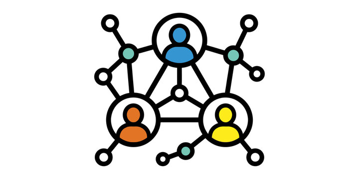 Colorful social network connection icon with multiple user avatars linked by lines, representing communication and community.
