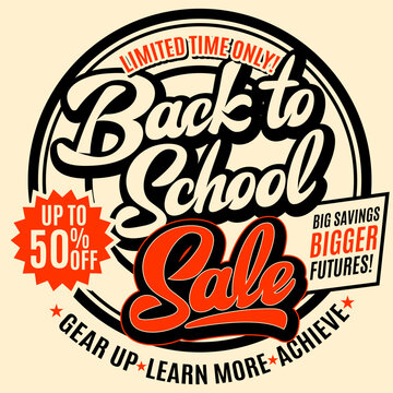 Vintage circular promotional badge for educational retail event with stylized lettering and slogan isolated on cream background.