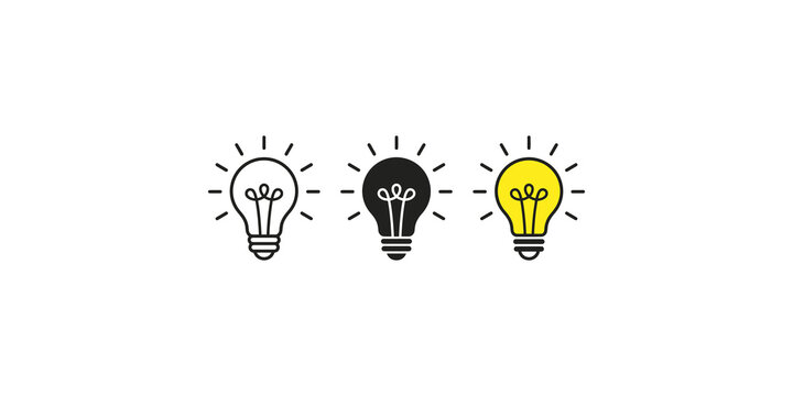 Set of light bulbs with thin lines and solid fill showing idea generation and innovation concepts for business or education design work.