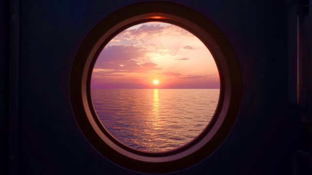 Sun sets through a round porthole, casting warm glow