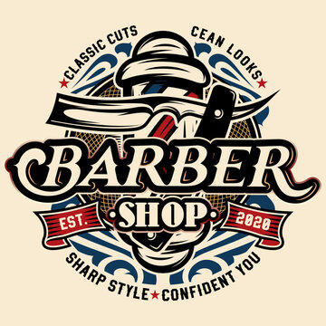 Vintage Barber Shop Badge Logo with Classic Cuts Text Straight Razor Shaving Pole Hairdressing Stylist Design Emblem.
