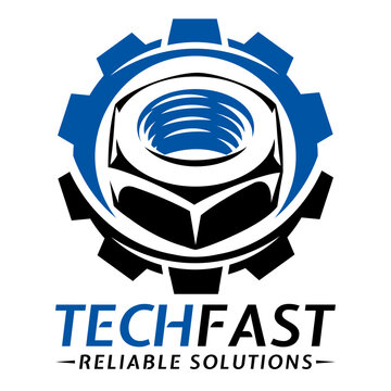 Modern Industrial Engineering And Technology Corporation Vector Logo Design With Interlocking Gear And Threaded Nut Symbol In Black And Blue.