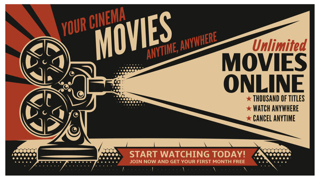 Vintage Cinema Movie Theater Film Reel Projector Vector Illustration Retro Style Advertise Poster with Text and Light Beam.