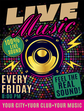 Retro Pop Art Poster with a Detailed Speaker, Pink Script and Bold Block Fonts for a Weekly Concert Night Club Event with Colorful Sparkling Dots Background.