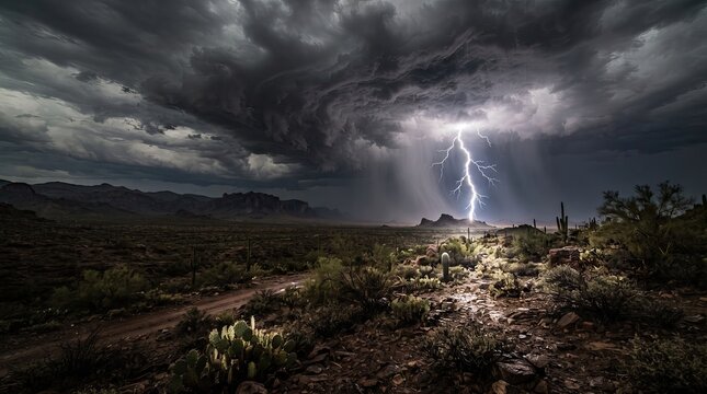 Dramatic lightning bolt striking over a desert landscape during a dark and stormy night with heavy clouds