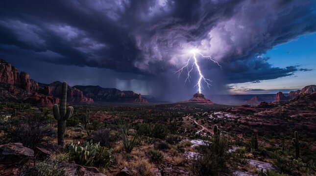 Dramatic lightning strike illuminating a dark stormy sky over a desert landscape with saguaro cacti at night