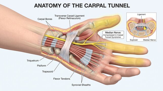 Detailed medical illustration of carpal tunnel anatomy showing nerve compression with highlighting key structures median nerve anatomical cross sectional