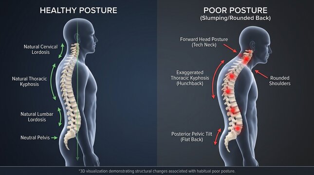 Comparative 3d illustration of healthy versus poor spinal alignment with contrasts properly aligned spine exaggerated poor posture conditions